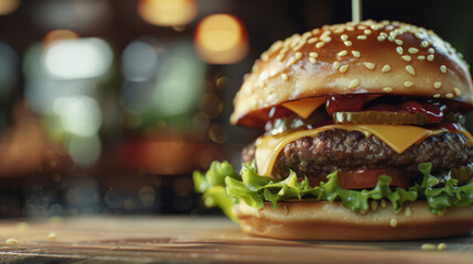 Juicy cheeseburger against a bokeh backdrop in a diner.