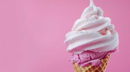 Poster - Ice cream cone vanilla and strawberry flavors on a pink background Copy space : Generative AI