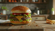 A mouth-watering cheeseburger on a wooden table, with scattered sesame seeds.