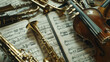 A collection of brass instruments atop sheet music evokes the spirit of classical music.