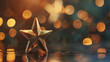 A single golden star shines brightly against a bokeh light backdrop.