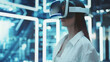 A woman experiencing virtual reality with a headset in a futuristic environment.