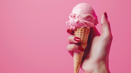 Poster - Woman hand holding an ice cream cone on a pink background : Generative AI