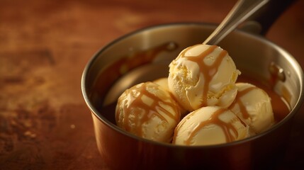 Poster - Ice cream balls in a cooper saucepan with caramel on brown backgroundClose up of sweet desert in freeze motion : Generative AI