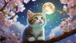 夜桜と月と子猫
