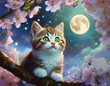 夜桜と月と子猫