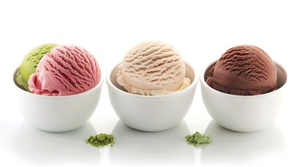 Poster - Real ice cream scoops in white cups of chocolate strawberry french vanilla and green tea flavours isolated on white background clipping path included : Generative AI