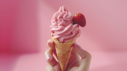 Poster - Hand holding strawberry ice cream cone on pink faded pastel color background Strawberry ice cream in wafer cup : Generative AI
