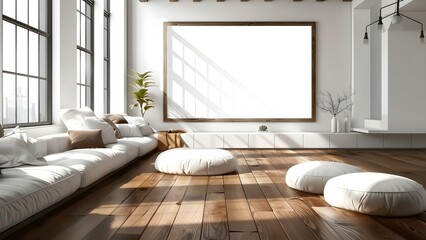 Wall Mural - Contemporary White Loft with Brown Hardwood Floors, Windows, and Empty Frame. Concept Interior Design, White Loft, Hardwood Floors, Windows, Empty Frame