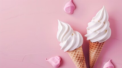 Poster - Ice cream cone vanilla and strawberry flavors on a pink background Copy space : Generative AI