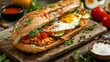 © Anastasiia - Delicious Chicken Sub with Fried Egg, Veggies, and Spicy Sauce in a Cozy Atmosphere. Concept Chicken Sub Recipes, Fried Egg Sandwich, Spicy Sauce Ideas, Comfort Food, Cozy Atmosphere Settings