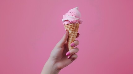 Poster - Woman hand holding an ice cream cone on a pink background : Generative AI