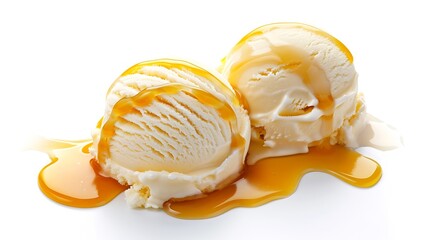 Aufkleber - vanilla ice cream with melted caramel sauce isolated on white background : Generative AI