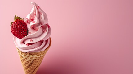 Poster - Ice cream cone with strawberry topping on a pink background Copy space : Generative AI