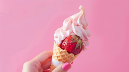 Poster - Hand holding strawberry ice cream cone on pink faded pastel color background Strawberry ice cream in wafer cup : Generative AI
