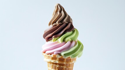 Poster - Soft serve ice cream of vanilla strawberry chocolate and green tea flavours on crispy cone isolated on white background clipping path included : Generative AI