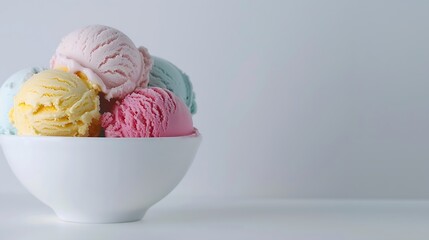Poster - Colorful ive cream scoops in white bowl copy space : Generative AI