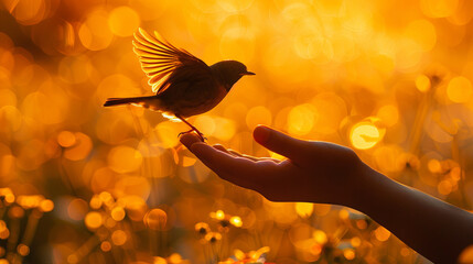 silhouette of girl holds bird, boke background