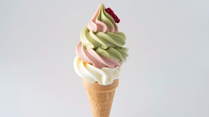 Poster - Soft serve ice cream of vanilla strawberry chocolate and green tea flavours on crispy cone isolated on white background clipping path included : Generative AI