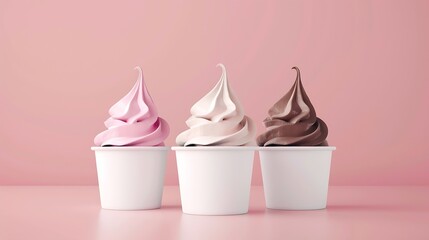 Poster - Mockup Strawberry frozen yogurt or soft ice cream vanilla and chocolate frozen yogurt or soft ice cream in blank paper cup packaging template mockup collection with isolated background : Generative AI