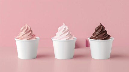 Poster - Mockup Strawberry frozen yogurt or soft ice cream vanilla and chocolate frozen yogurt or soft ice cream in blank paper cup packaging template mockup collection with isolated background : Generative AI