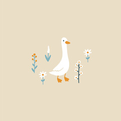 Sticker - Goose vector collection. Cute cartoon characters between blooming meadow flowers in funny clothes in simple hand-drawn style. The limited vintage palette is perfect for baby prints