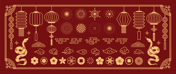 Poster - Chinese New Year icons vector set. Year of the snake with snake, cherry blossom flower, firework, hanging lantern, cloud isolated icon of Asian Lunar New Year. Oriental culture tradition illustration.