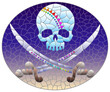 Stained glass illustration with a skull and daggers on a blue background, oval image