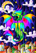 An illustration in the style of a stained glass window with a bright cute dragon on the background of the sky and the city