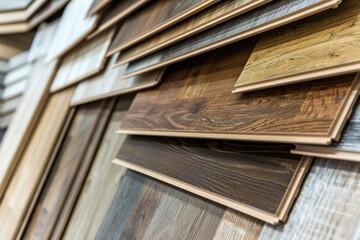 Poster - Various wood flooring samples stacked on top of each other. Ideal for interior design projects