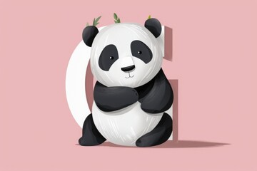 Poster - A cute panda bear sitting on a pink background. Ideal for children's designs