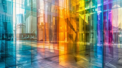 Wall Mural - Vibrant multicolored reflections on modern glass architecture creating an abstract urban landscape