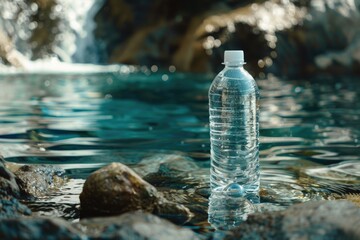 Poster - A bottle of water placed in the center of a flowing river. Can be used for environmental concepts