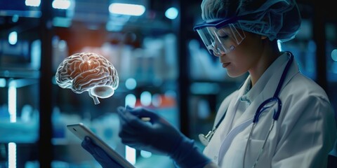 Poster - A woman in a lab coat examining a brain model, suitable for science and medical concepts