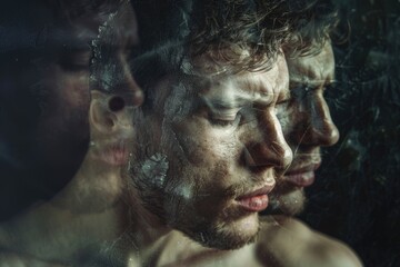 Poster - Close up of a man's face with a blurry background. Ideal for business and technology concepts