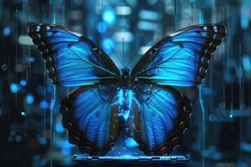 Poster - A beautiful blue butterfly perched on a display case. Suitable for nature or insect-themed designs