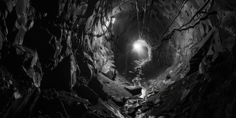 Aufkleber - A man standing in a cave with a light at the end. Suitable for illustrating hope and exploration themes