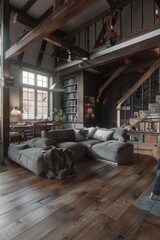 Poster - A warm and inviting living room with wooden floors. Perfect for home decor ads