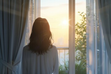 Poster - A woman gazing at the sun through a window. Ideal for concepts of hope and new beginnings