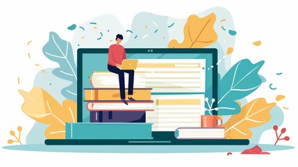 Aufkleber - A man is seated on a stack of books placed on a laptop, symbolizing online learning and educational resources. Generative AI