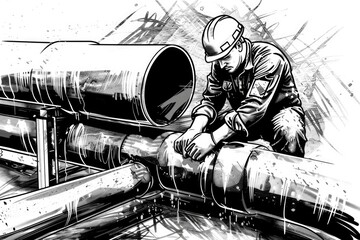 Poster - Detailed black and white illustration of a man working on a pipe. Suitable for technical manuals or industrial presentations