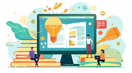 Aufkleber - A computer screen displaying study materials with a light bulb on top of it, symbolizing ideas and innovation for distance learning and online education. Generative AI