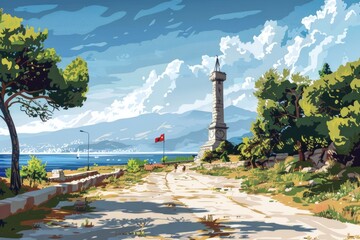 Poster - A painting of a lighthouse with a flag, suitable for nautical themes and travel concepts