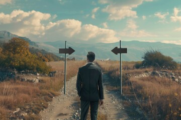 Poster - A man in a suit walking down a dirt road. Suitable for business or travel concepts