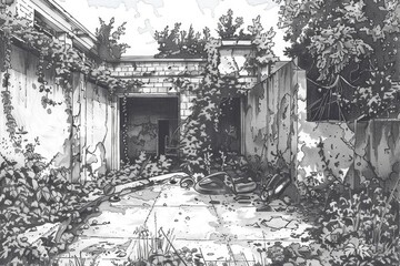 Poster - A detailed black and white drawing of a courtyard. Suitable for architectural design projects