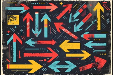 Poster - Vibrant arrows in various colors on a dark backdrop. Ideal for presentations or marketing materials