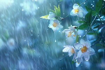 Poster - White flowers getting wet in the rain, suitable for nature themes