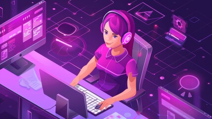 Poster - An isometric modern illustration showing a female technician or online assistant over puzzle elements over a purple background.