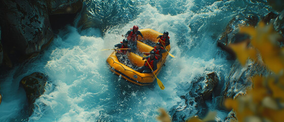 Adrenaline-filled white water rafting adventure in turbulent river rapids.