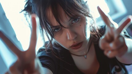 Poster - A woman making a peace sign gesture. Suitable for various concepts